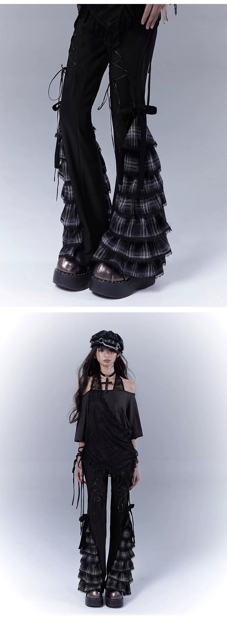 Plaid Tie Detail Tiered Pants