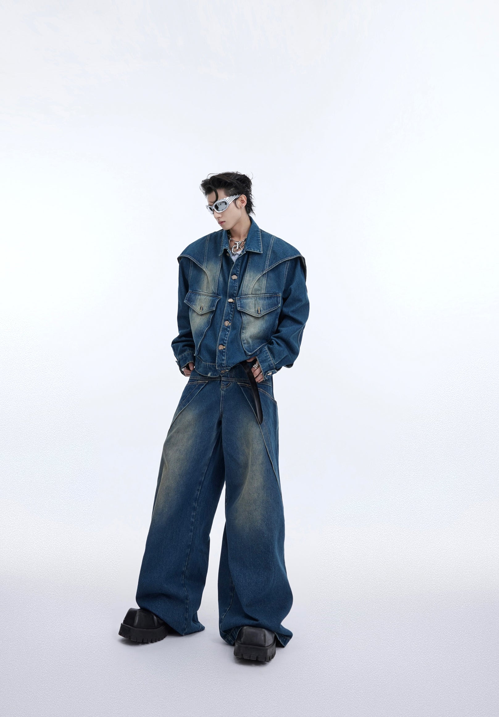 Double Layered Design Short Denim Jacket & Wide Leg Denim Jeans Setup