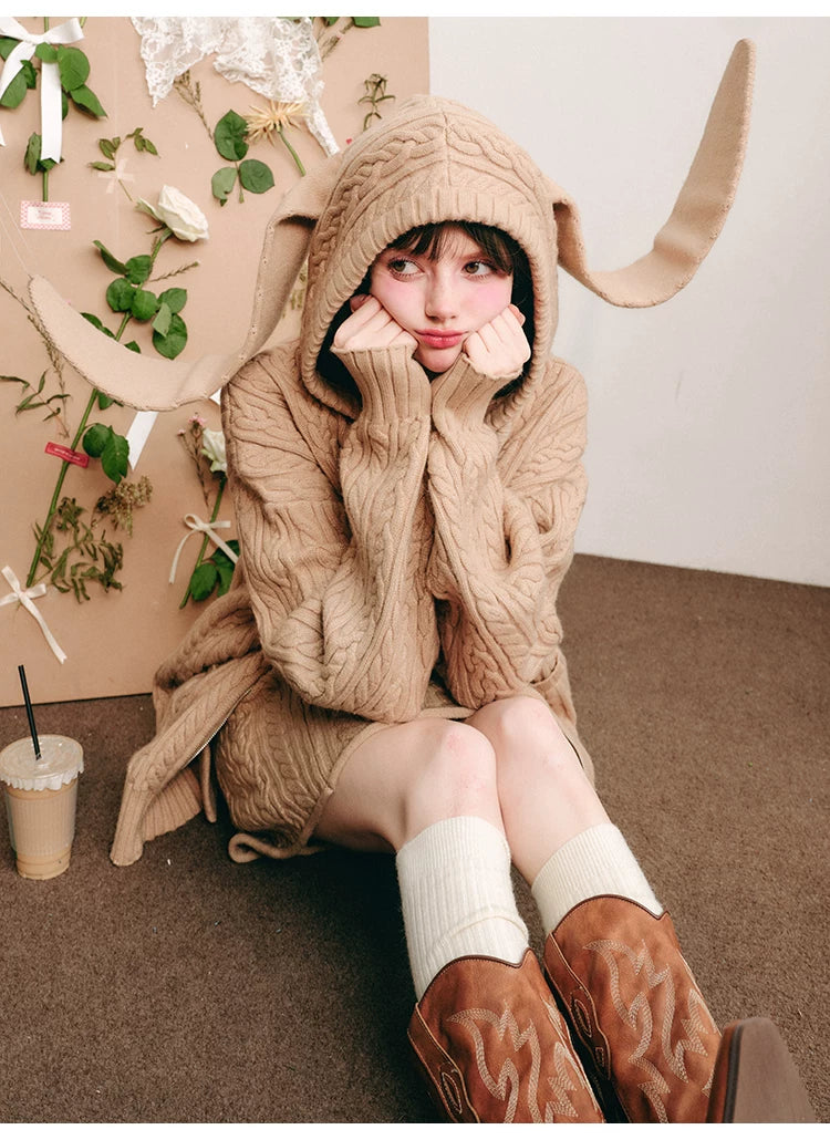 Bunny Hare Ear Hooded Zipper Knit Cardigan & Knit Skirt Setup
