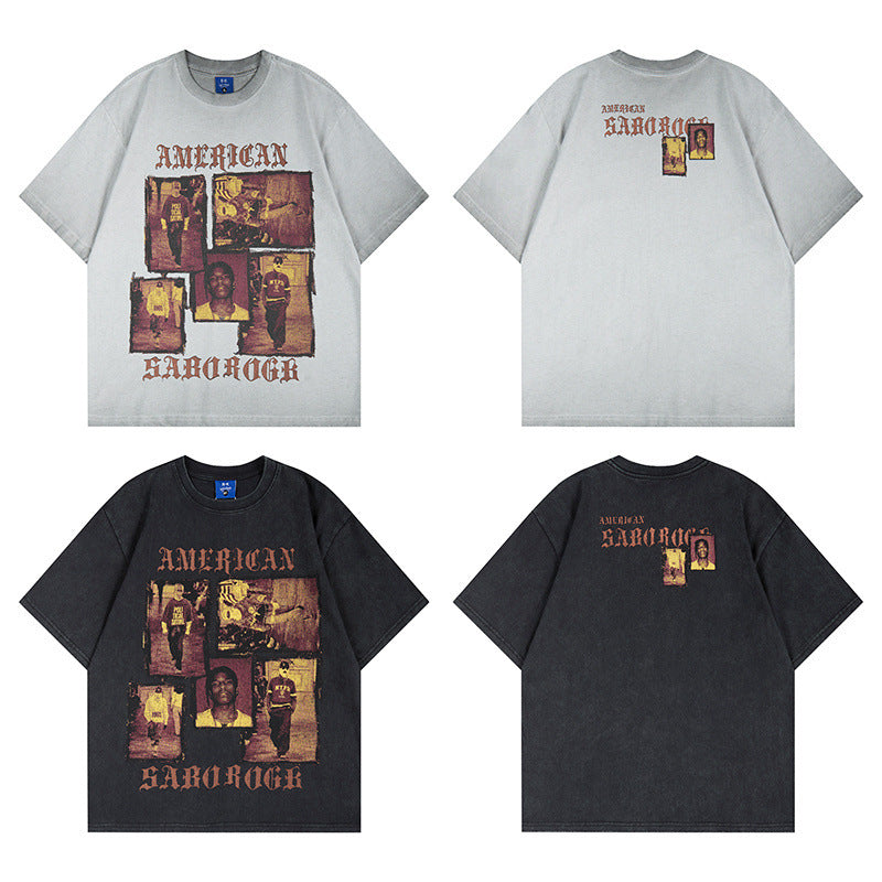 Washed Portrait Print Short Sleeve T-Shirt