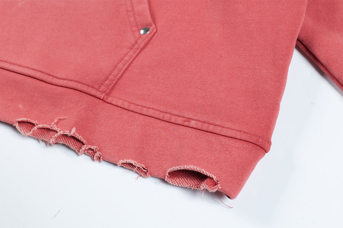 Washed Letter Rhinestone Design Damage Hoodie