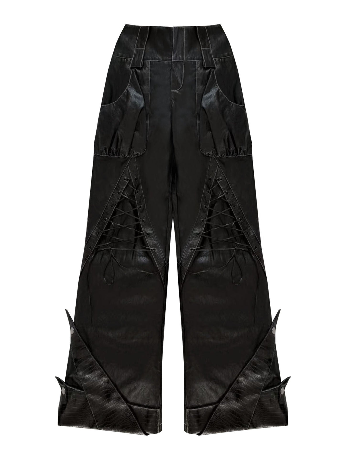 Original Design Lace-Up Double Waistband Structural PU Leather Pants