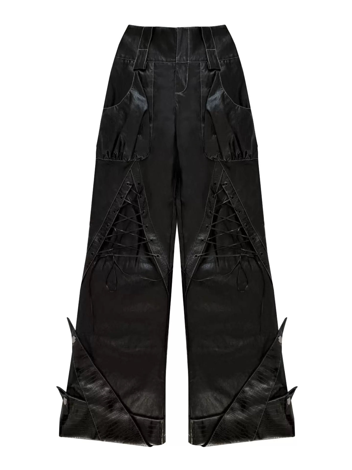 Original Design Lace-Up Double Waistband Structural PU Leather Pants