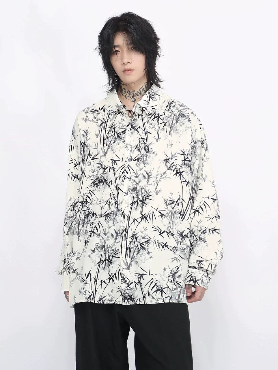 Bamboo Print Oversize Long Sleeve Shirt
