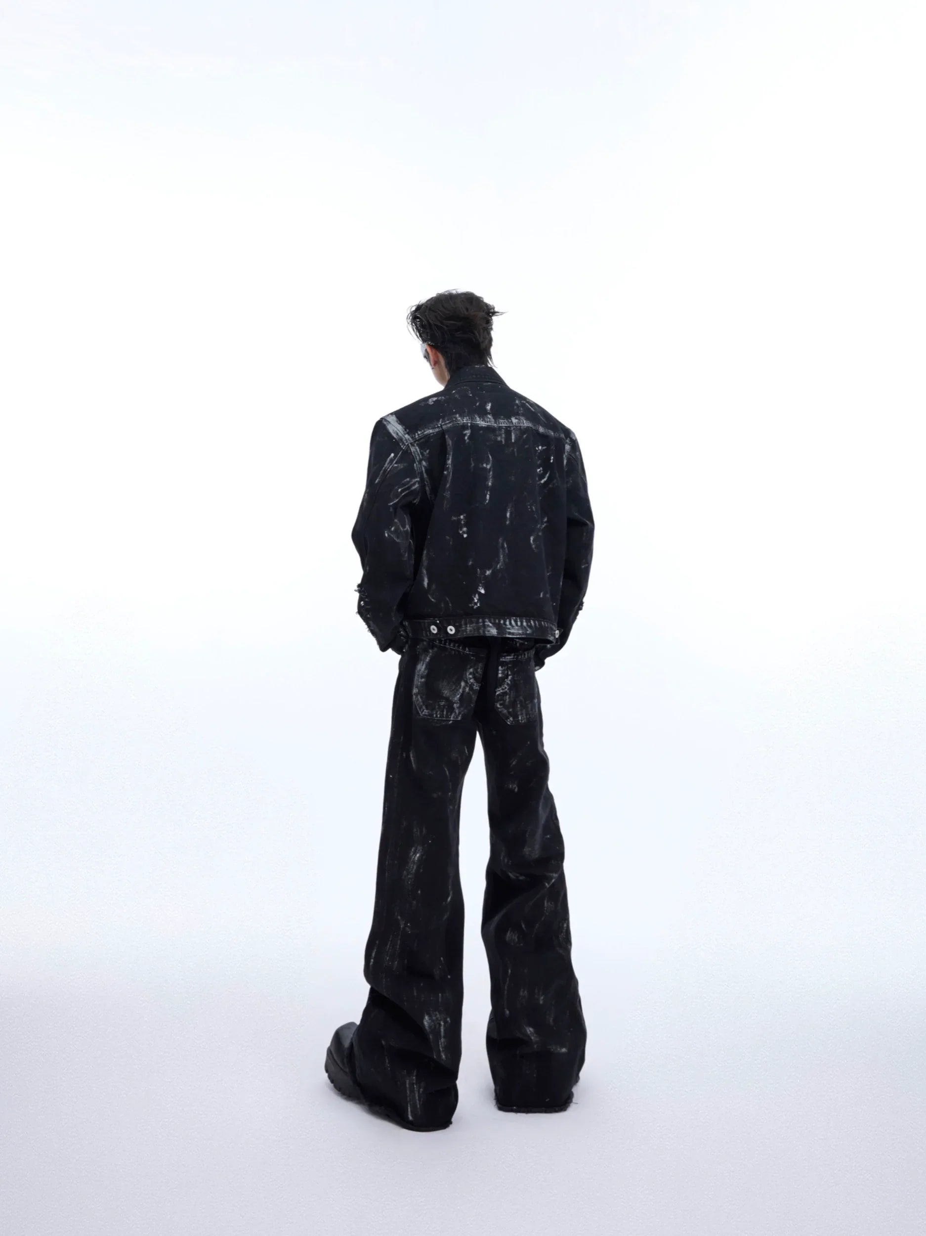 Metal Rivet Design Damage Denim Jacket & Damage Flare Denim Jeans Setup