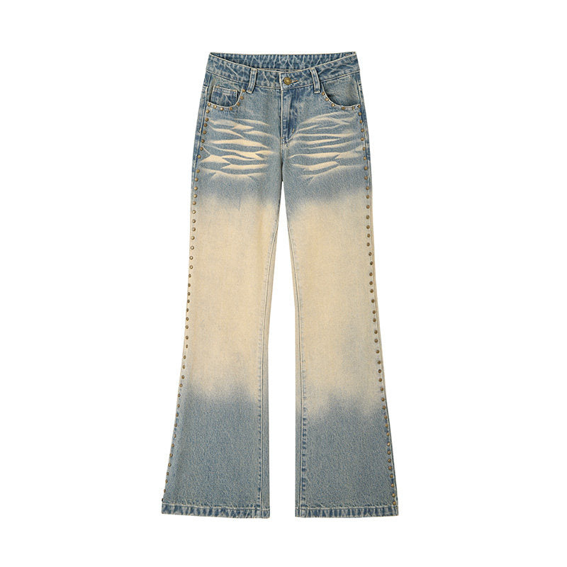 Washed Gradient Studs Detail Flare Denim Jeans