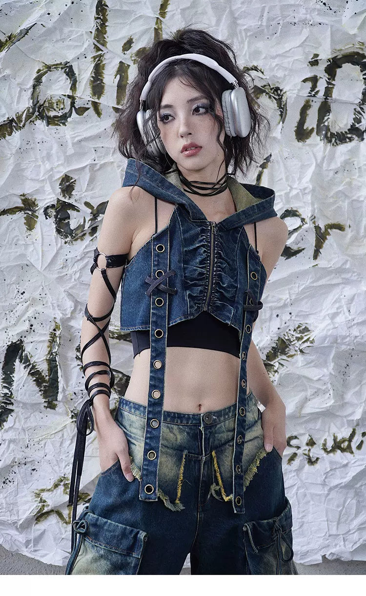 Denim Hooded Punk Zipper Vest