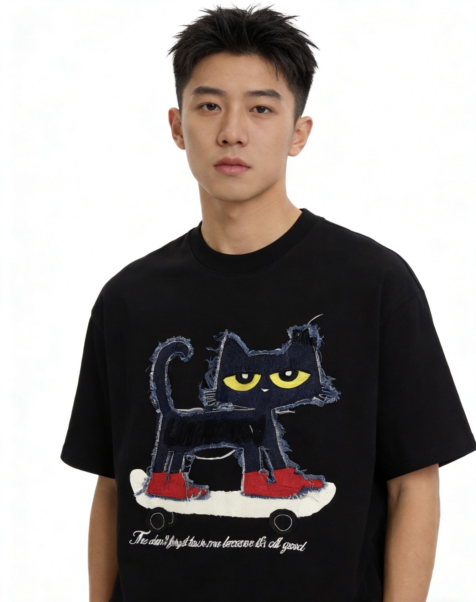 Cat Applique Embroidery Short Sleeve T-Shirt