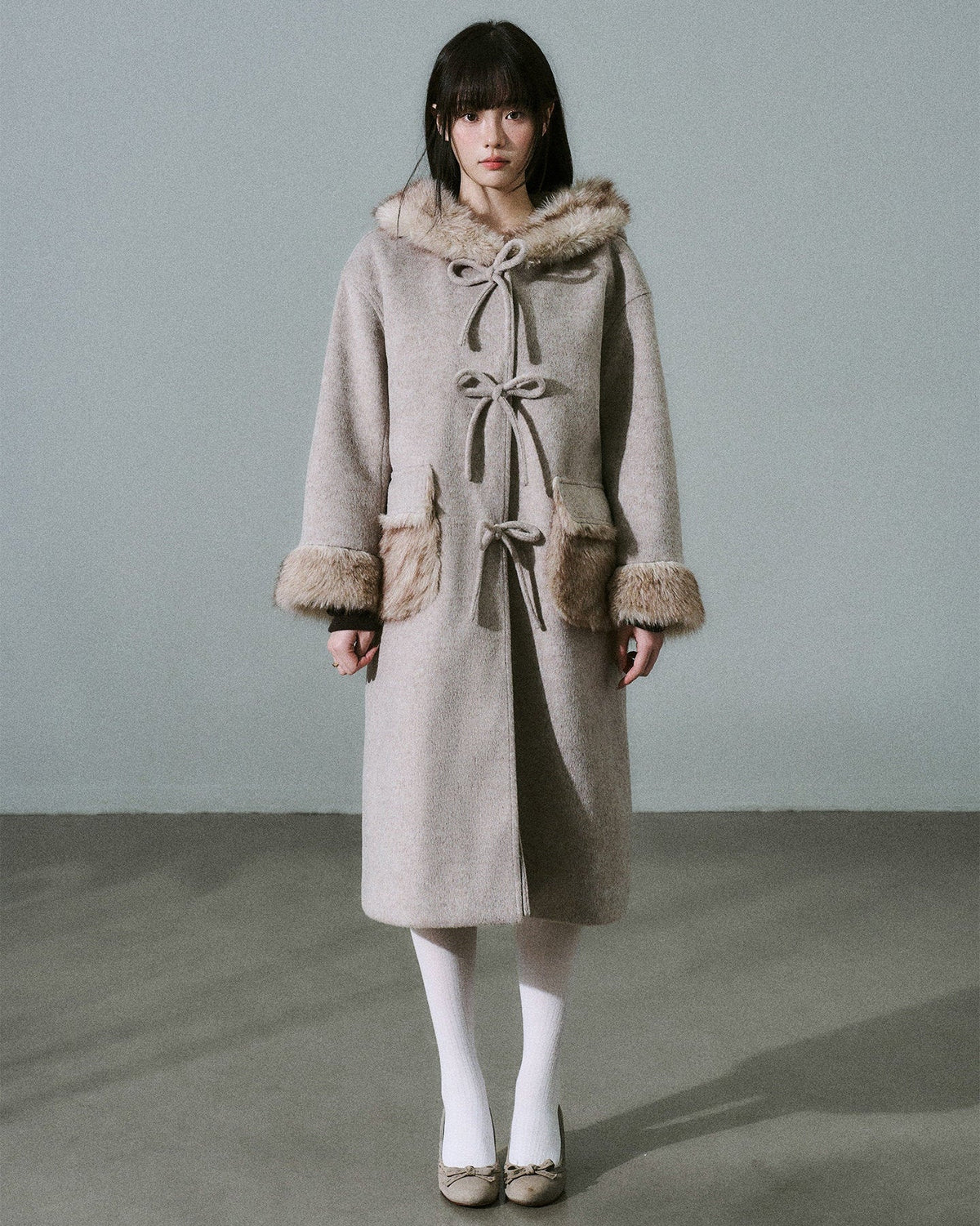 Bow Detail Fake Fur Trim Coat
