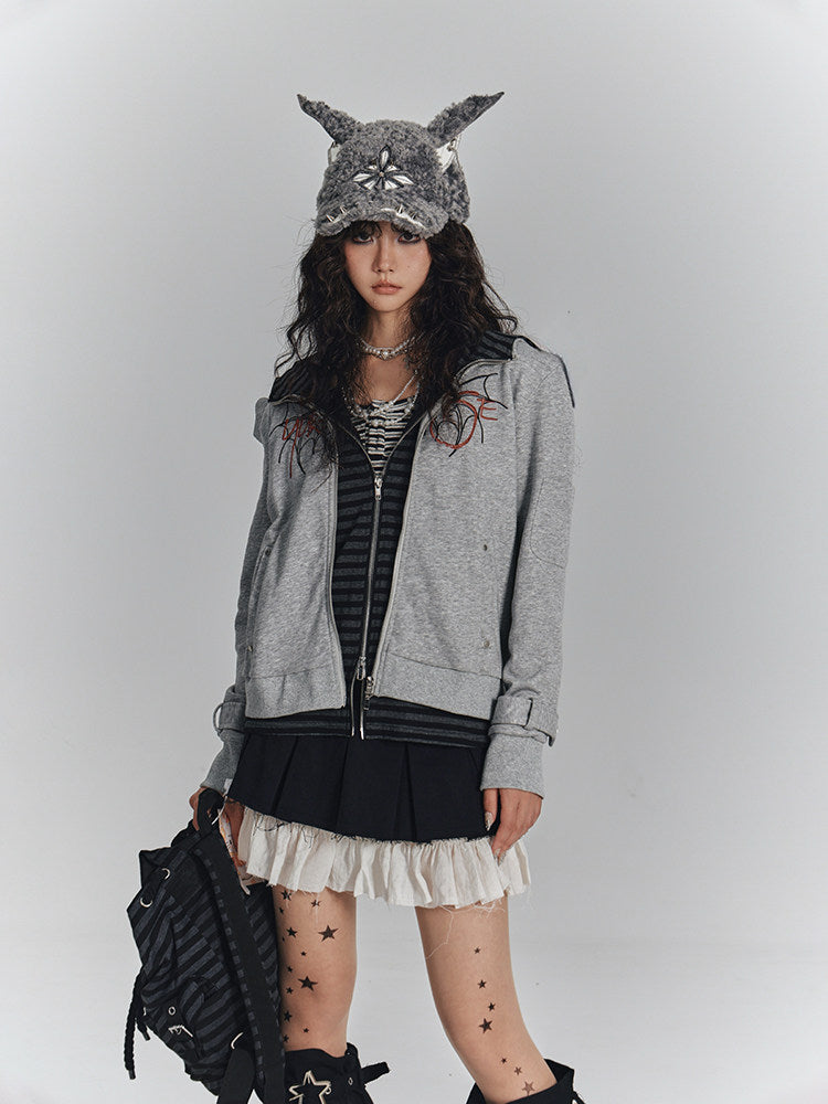 Embroidery Fake Layered Double Zipper Hoodie