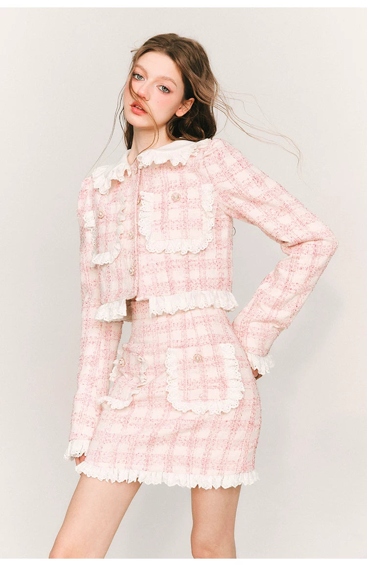 Lace Plaid Cropped Jacket & Short Lace Skirt Setup