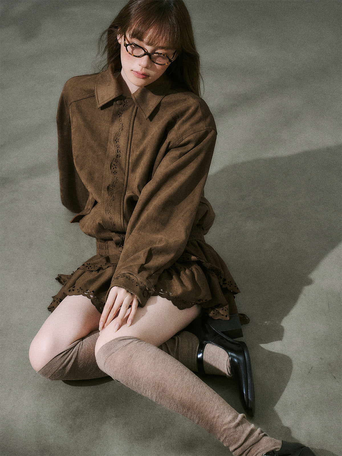 Suede Zipper Jacket & Scalloped Skirt Setup