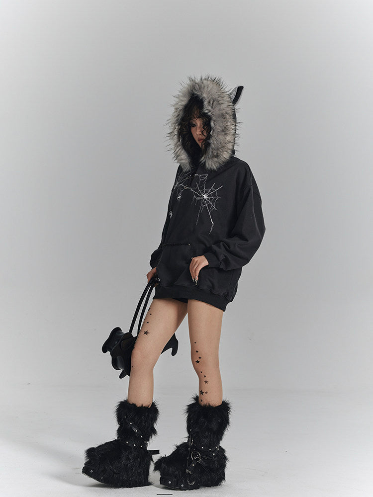 Spider Web Print Fur Collar Cat Ear Oversize Zipper Hoodie