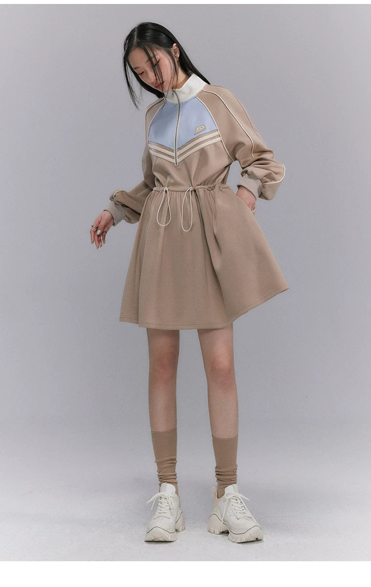 Embroidery Color Blocking Sporty Long Sleeve Jersey Dress