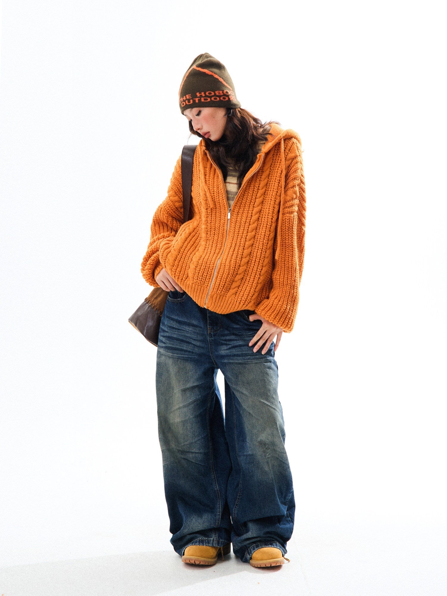 Chunky Knit Zipper Hooded Oversize Cardigan