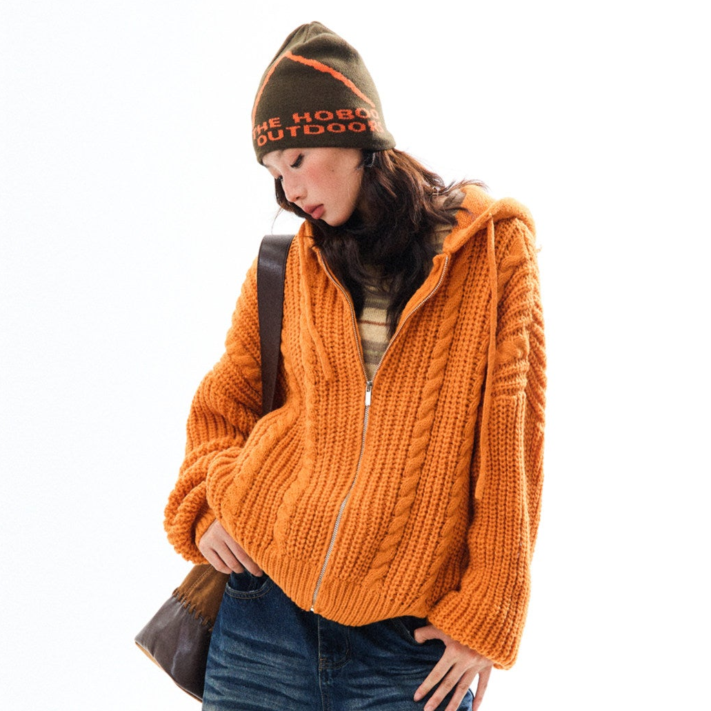 Chunky Knit Zipper Hooded Oversize Cardigan