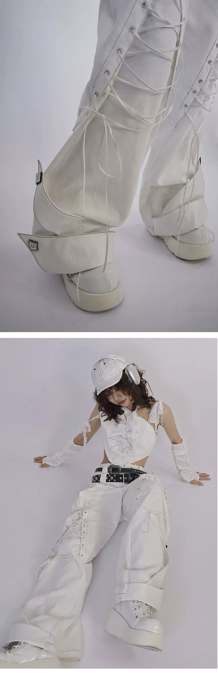 Tie-Strap Double-Waist Wide Leg Denim Jeans & Belt