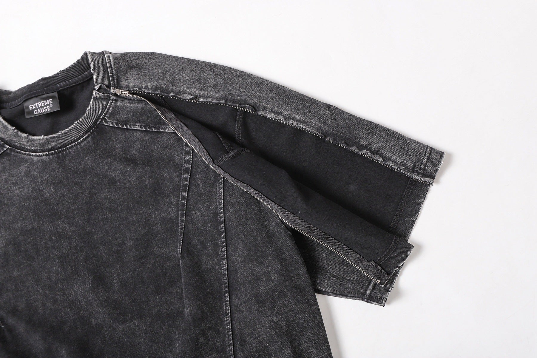 Washed Panel Design Zipper Detail Short Sleeve T-Shirt