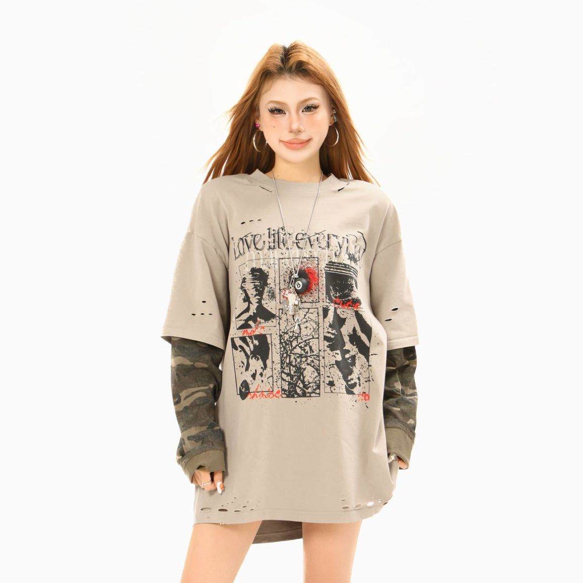Fake Layered Camo Damage Print Long Sleeve T-Shirt