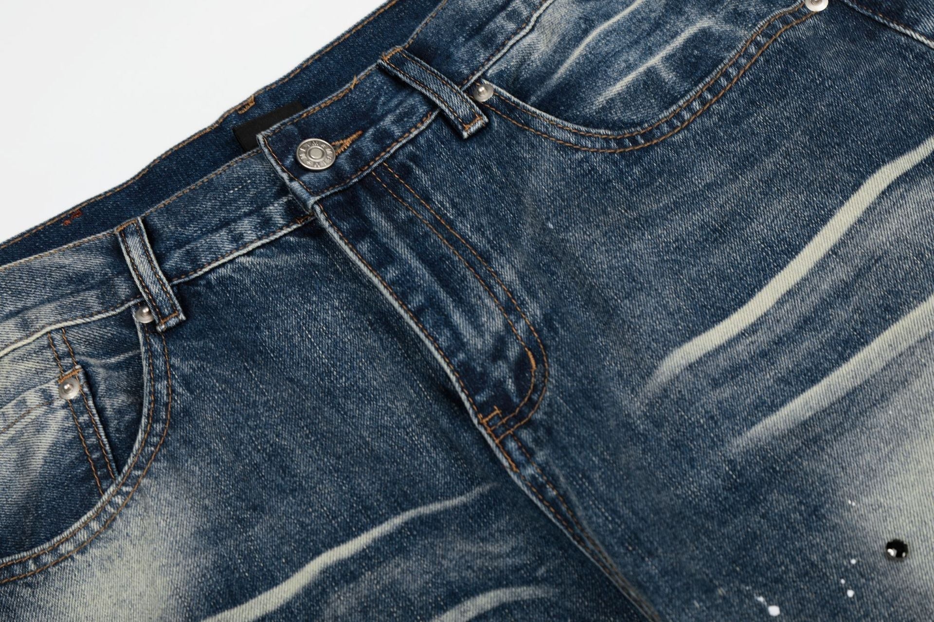 Washed Paint Rhinestone Wide Leg Curved Denim Jeans