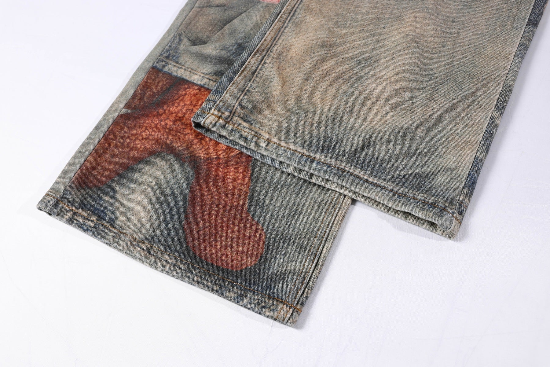 Washed 3D Graphic Print Wide Leg Denim Jeans