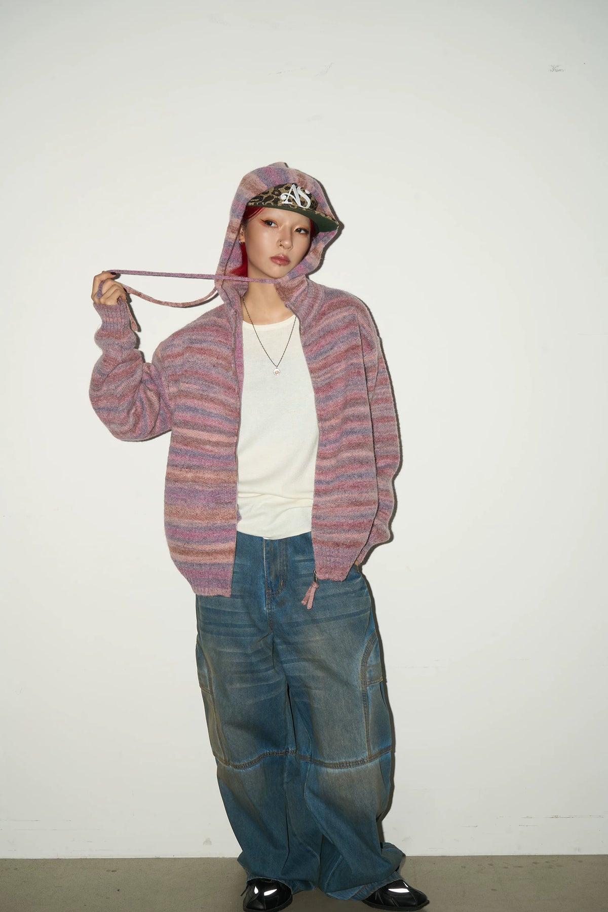 Stripe Hooded Zipper Knit Cardigan
