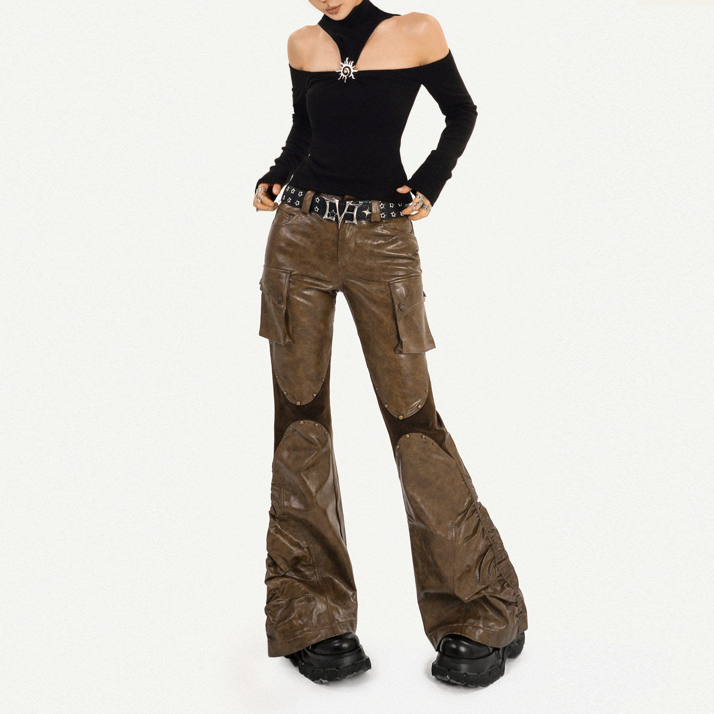 PU Leather Patchwork Fitted Flare Pants