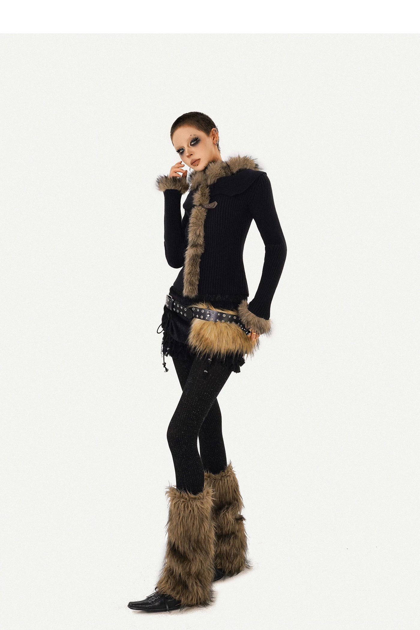 Fur Collar Fitted Knit Sweater