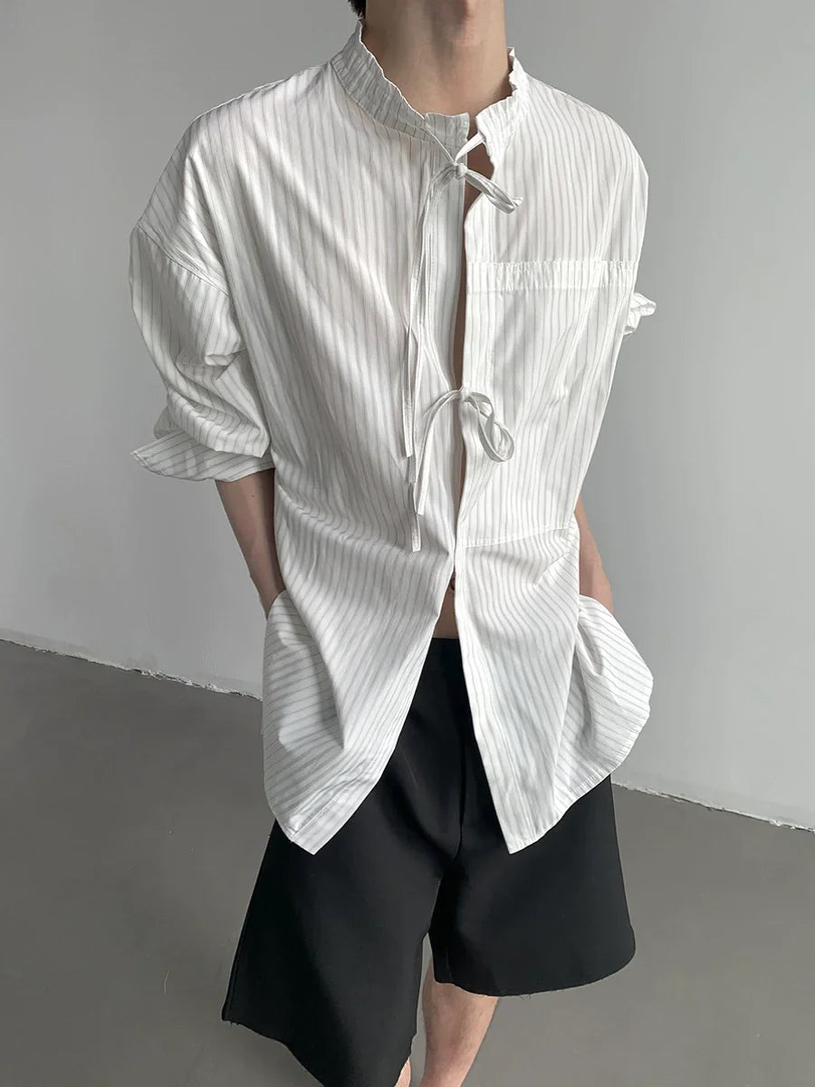 Drawstring Oversize Striped Long Sleeve Shirt
