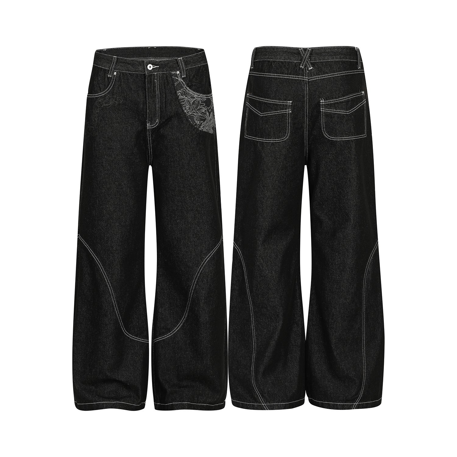Contrast Stitch Bandana Patch Wide Leg Denim Jeans