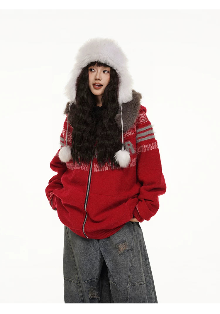 Fair Isle Hooded Detachable Fur Collar Knit Cardigan