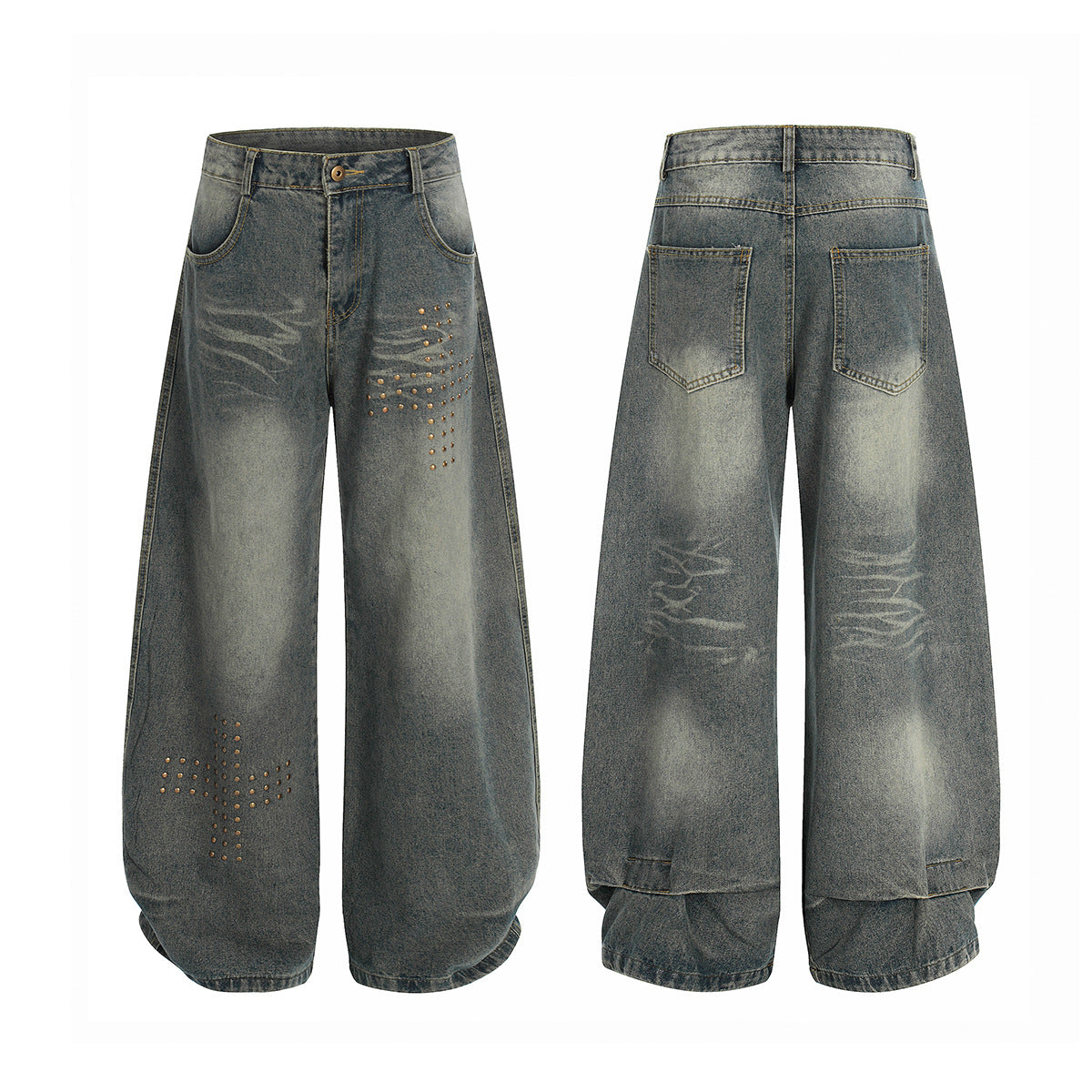 Washed Whisker Cross Studs Wide Leg Denim Jeans