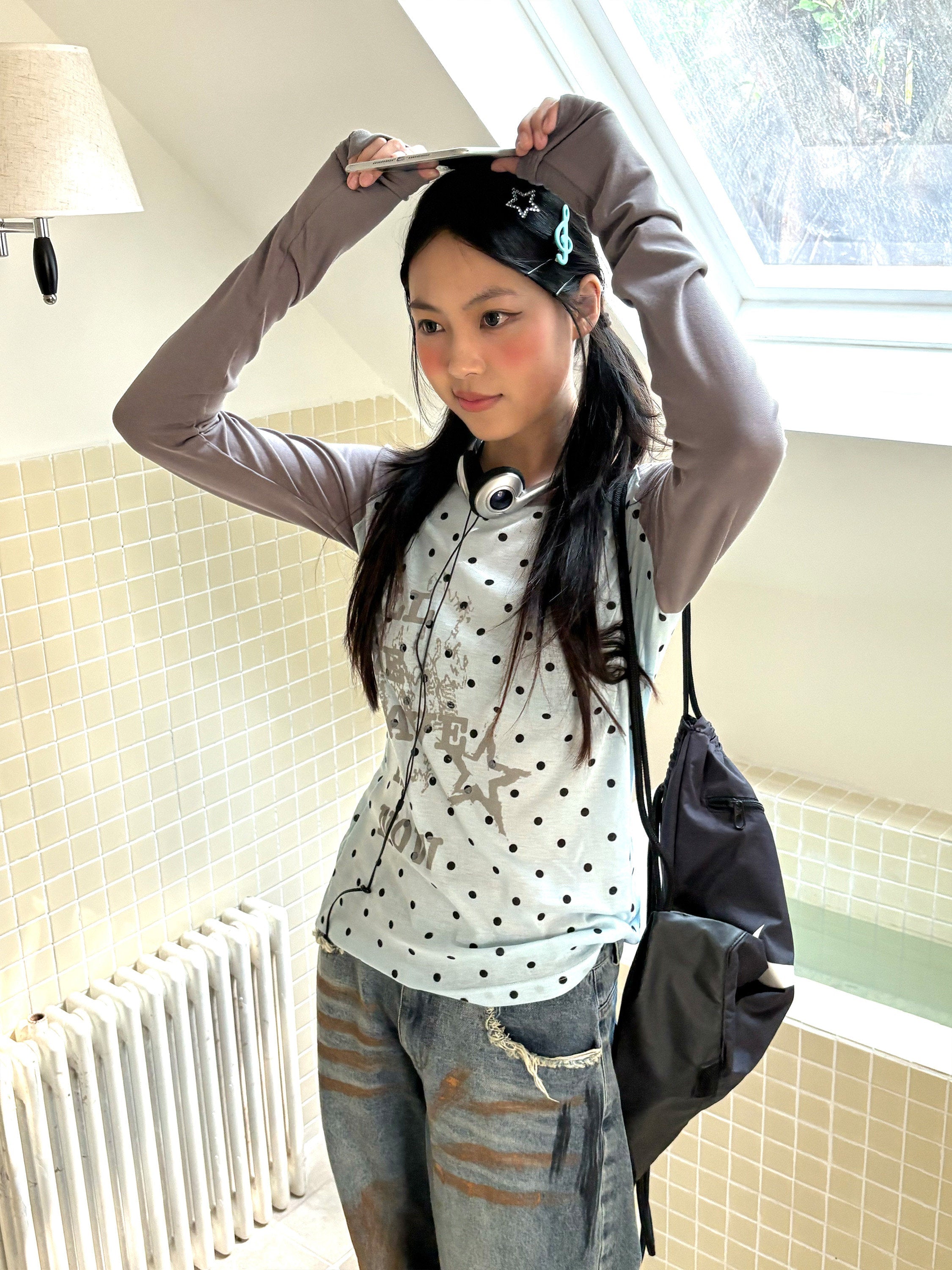 Polka Dot Letter Print Fake Layered Fitted Long Sleeve T-Shirt
