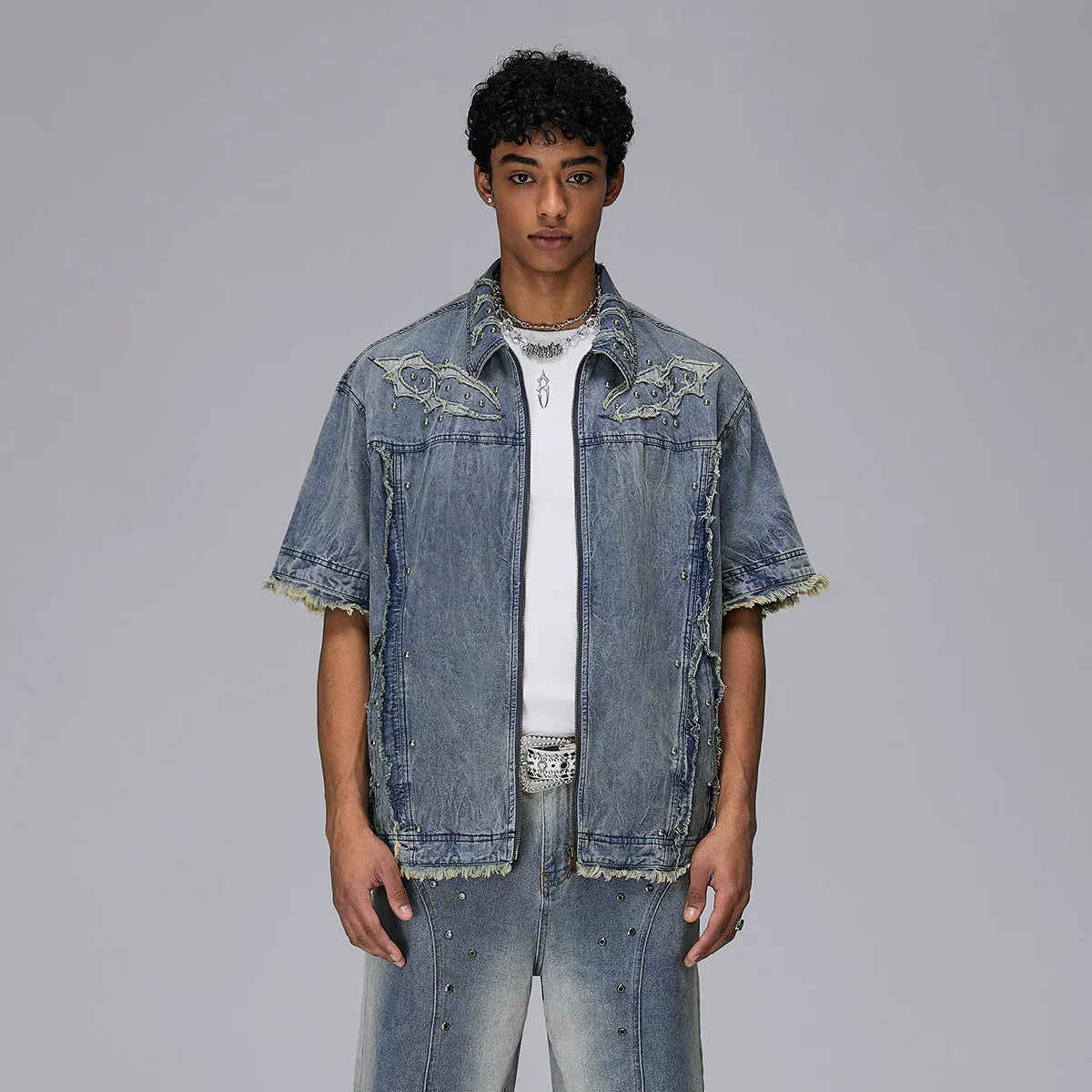 Wave Wash Damage Design Oversize Zipper Short Sleeve Shirt