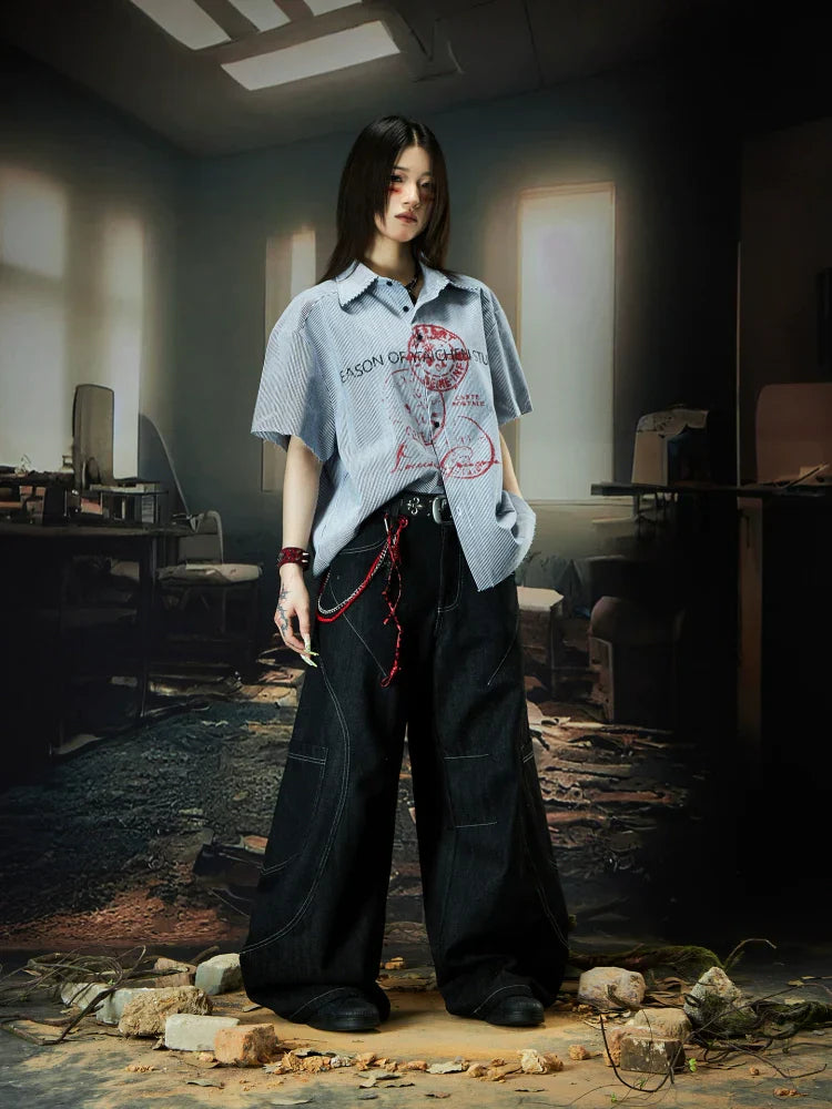Graphic Letter Print Colorblock Stripe Oversize Short Sleeve Shirt