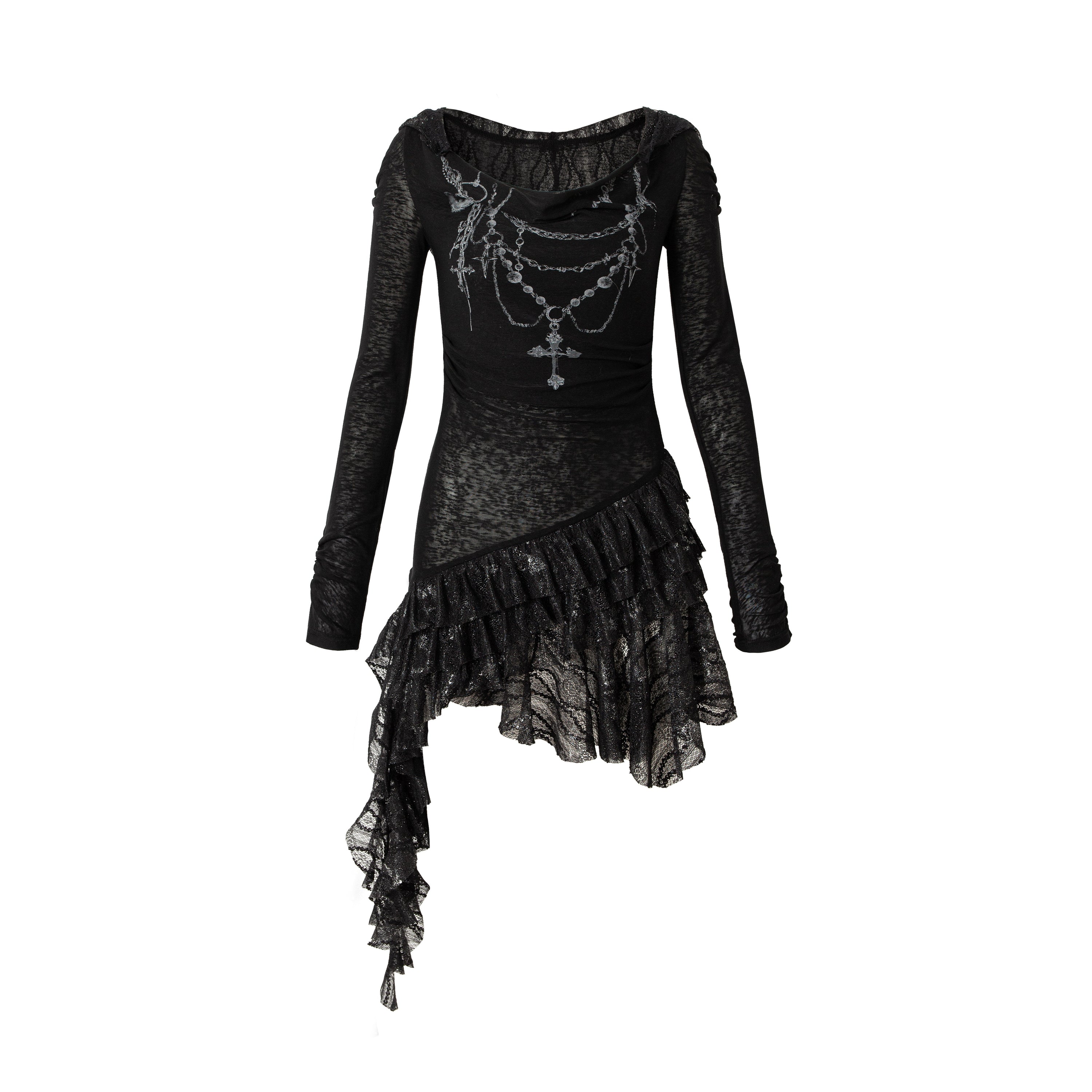 Lace Hooded Asymmetric Ruffle Dress