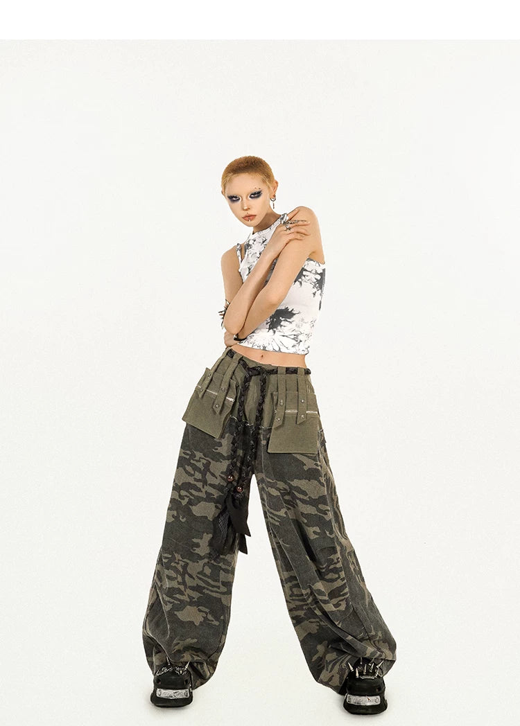 Heavy Craft Camouflage Multi-Pocket Wide Leg Cargo Pants