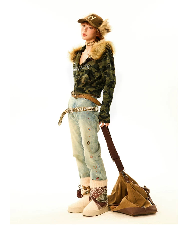 Camouflage Fake Fur Trim Star Patch Zipper Hooded Jacket