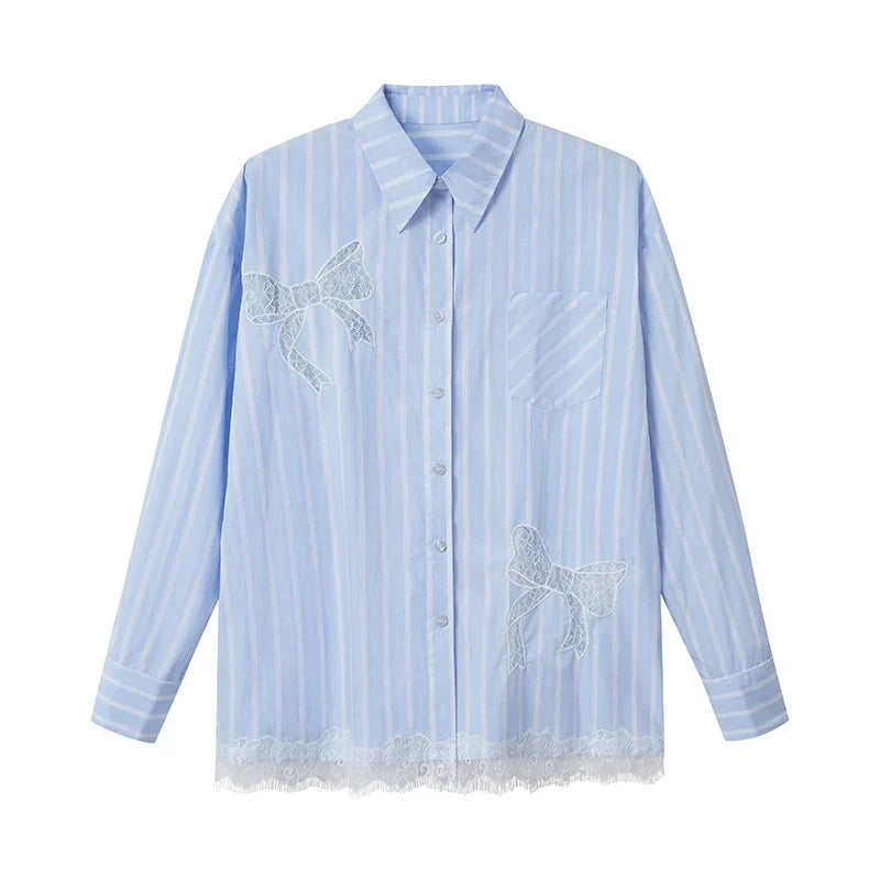Stripe Lace Hollow Bow Long Sleeve Shirt