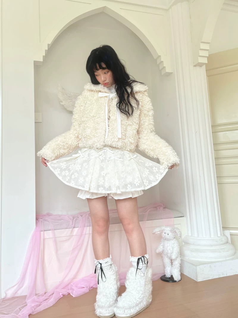 Fake Fur Bow Tie Plush Jacket