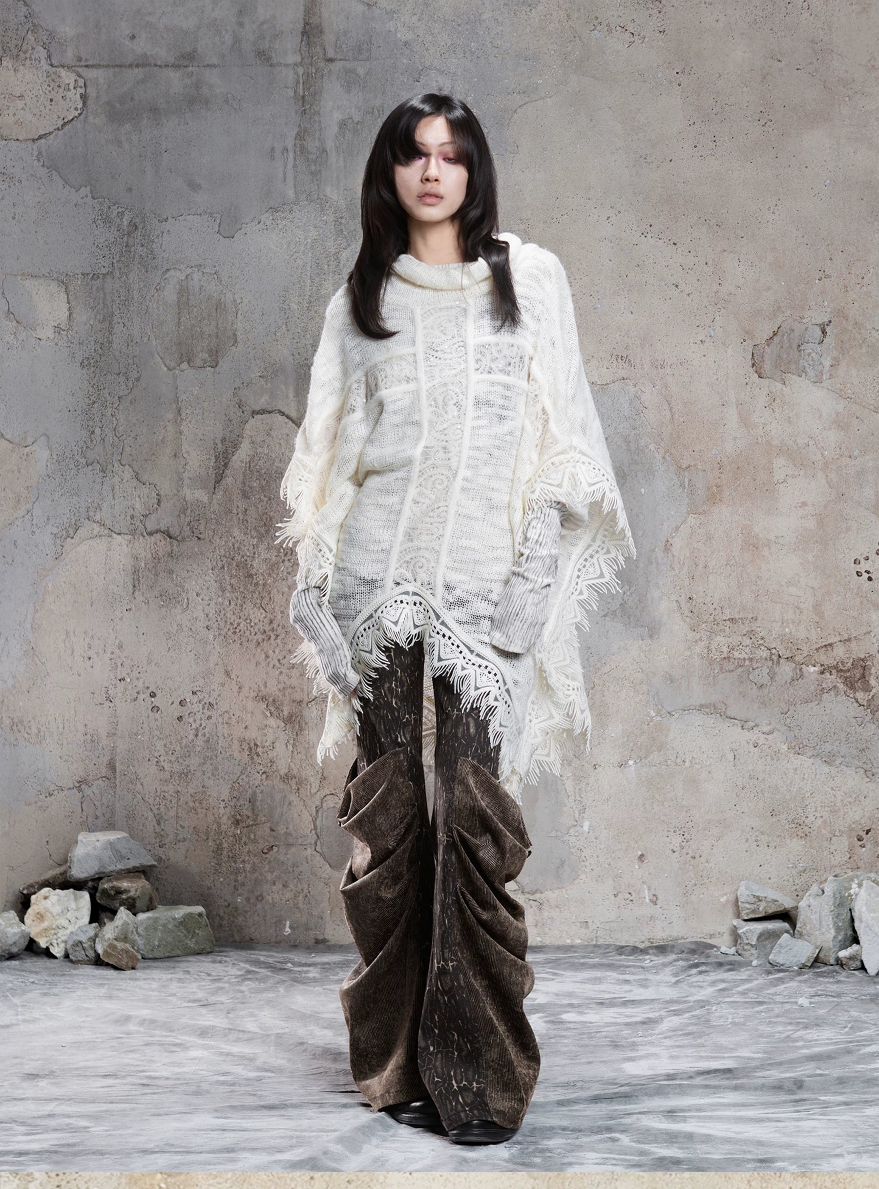 Punk Cross Cape Asymmetric Fringe Knit Sweater