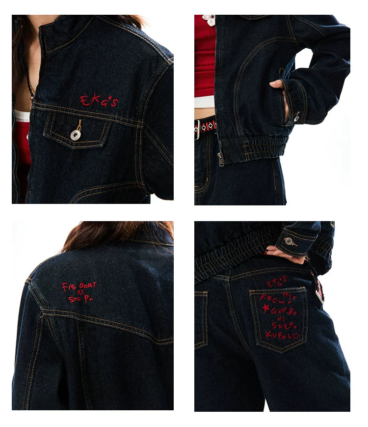 Embroidered Cropped Denim Jacket & Wide-Leg Denim Jeans Setup