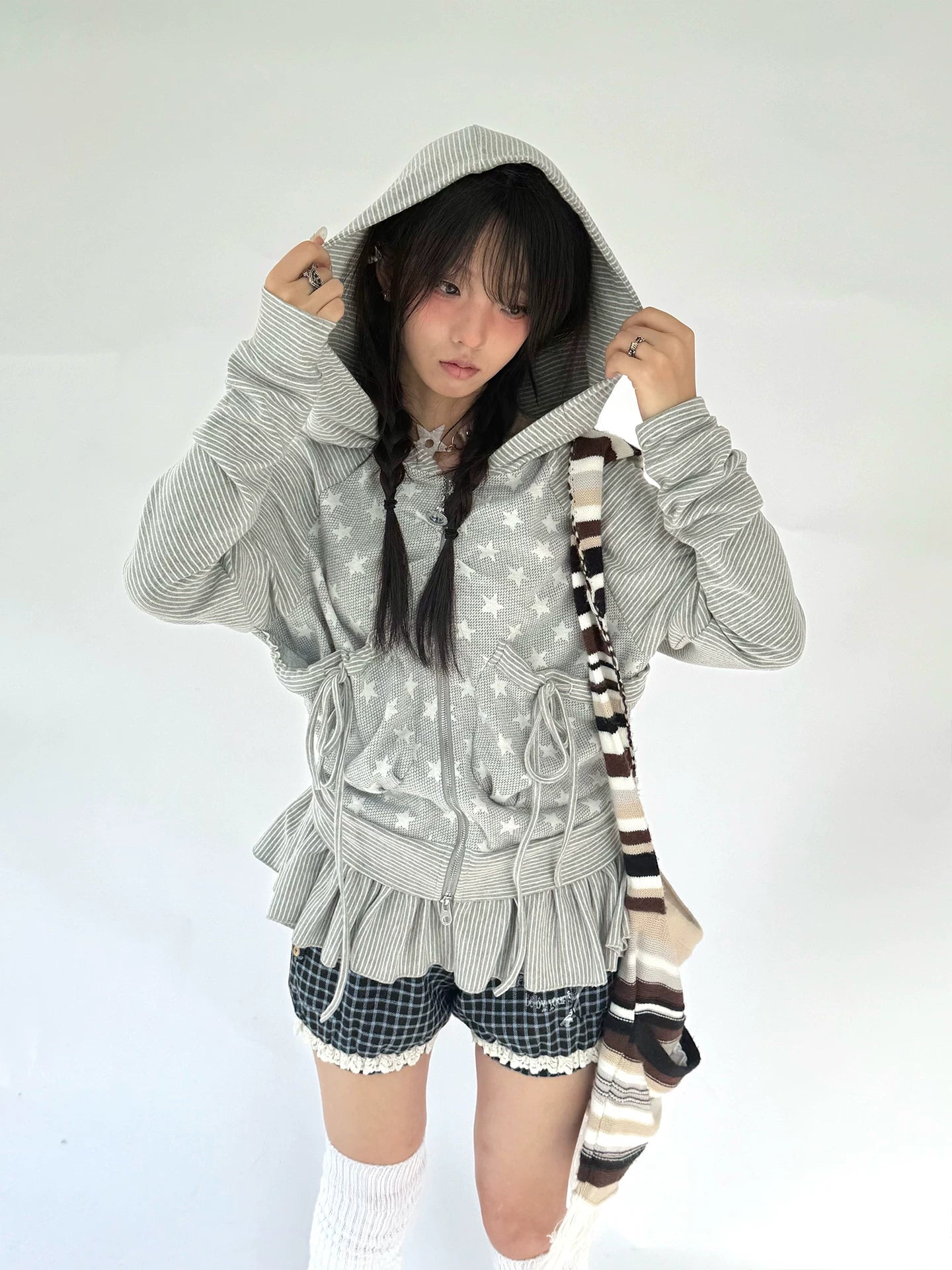 Striped Patchwork Hooded Drawstring Ruffle Jacket & Skirt Setup