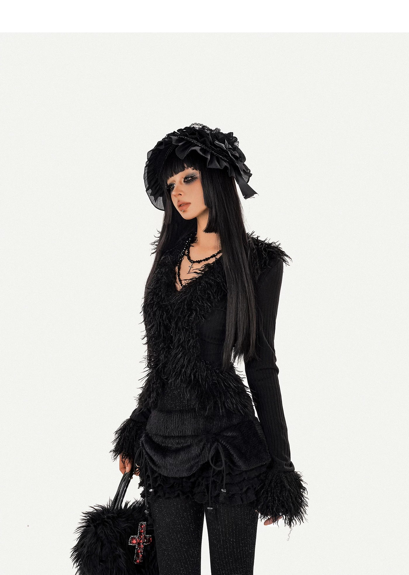 Fur Decor V-Neck Tie Knit Cardigan