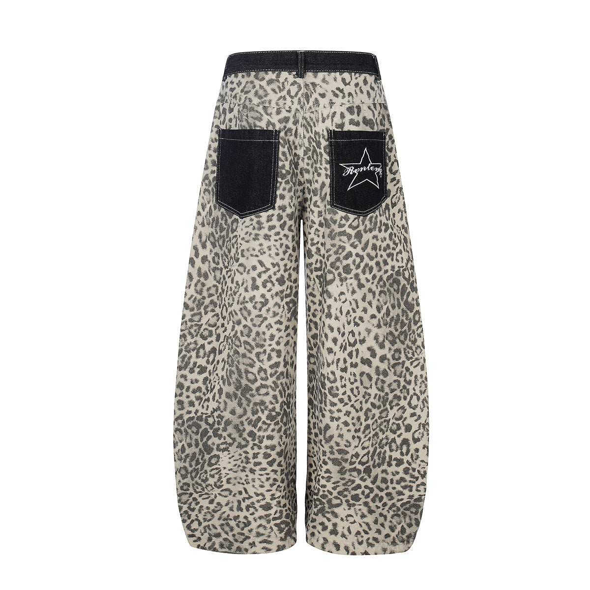 Leopard Print Curved Wide Leg Denim Jeans