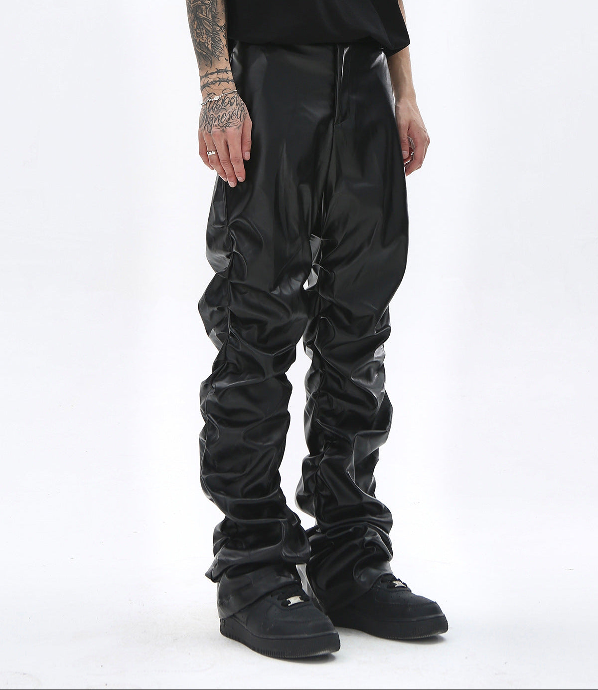PU Leather Pleats Straight Pants