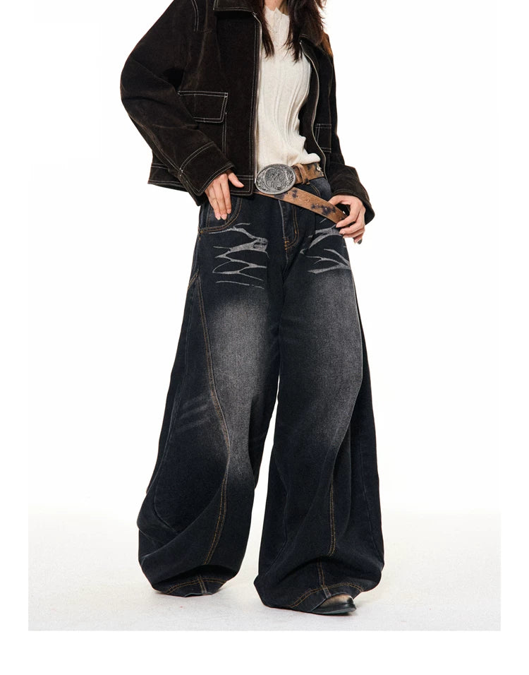 Washed Scratch Detail Wide Leg Denim Jeans