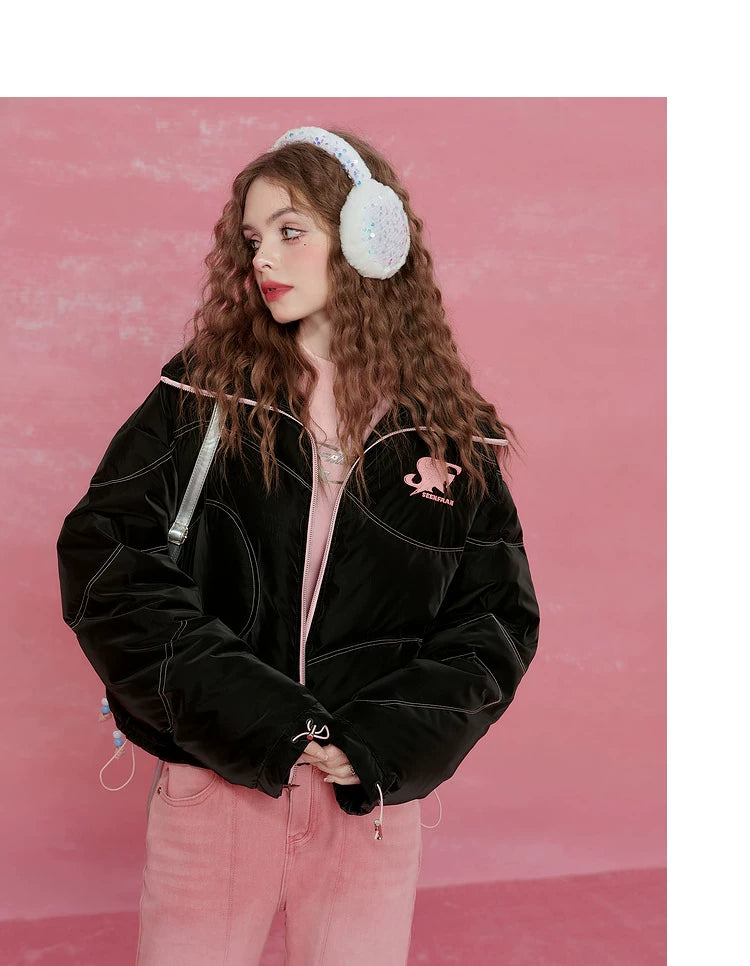 Letter Print High-Neck Short White Duck Down Jacket