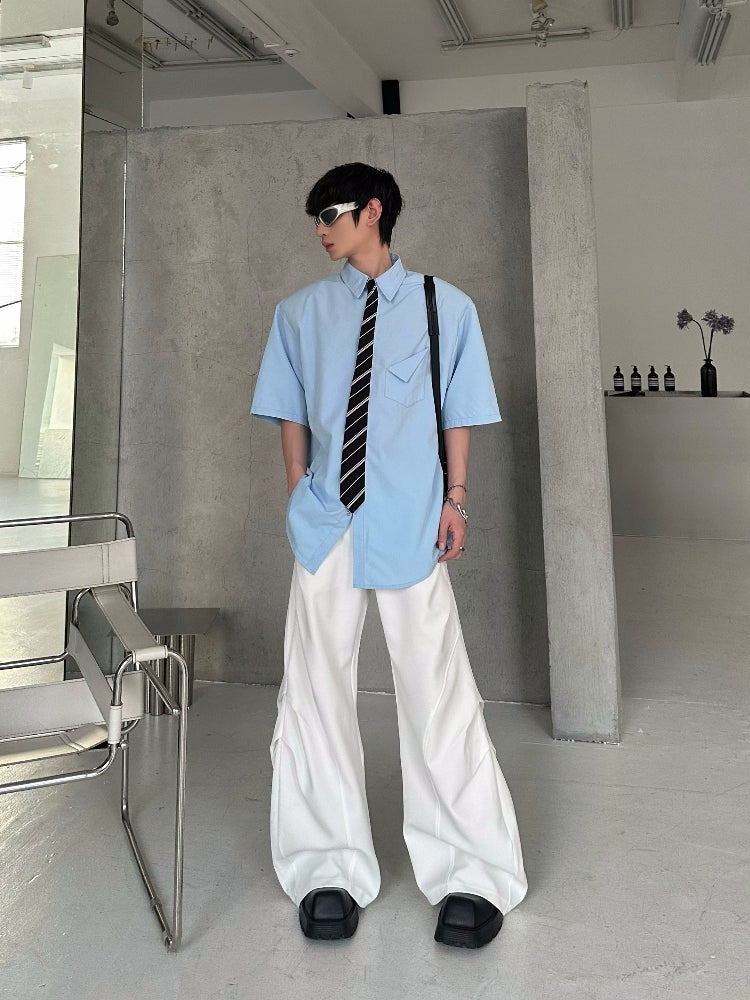 Shoulder-Pad Tie Patchwork Short Sleeve Shirt