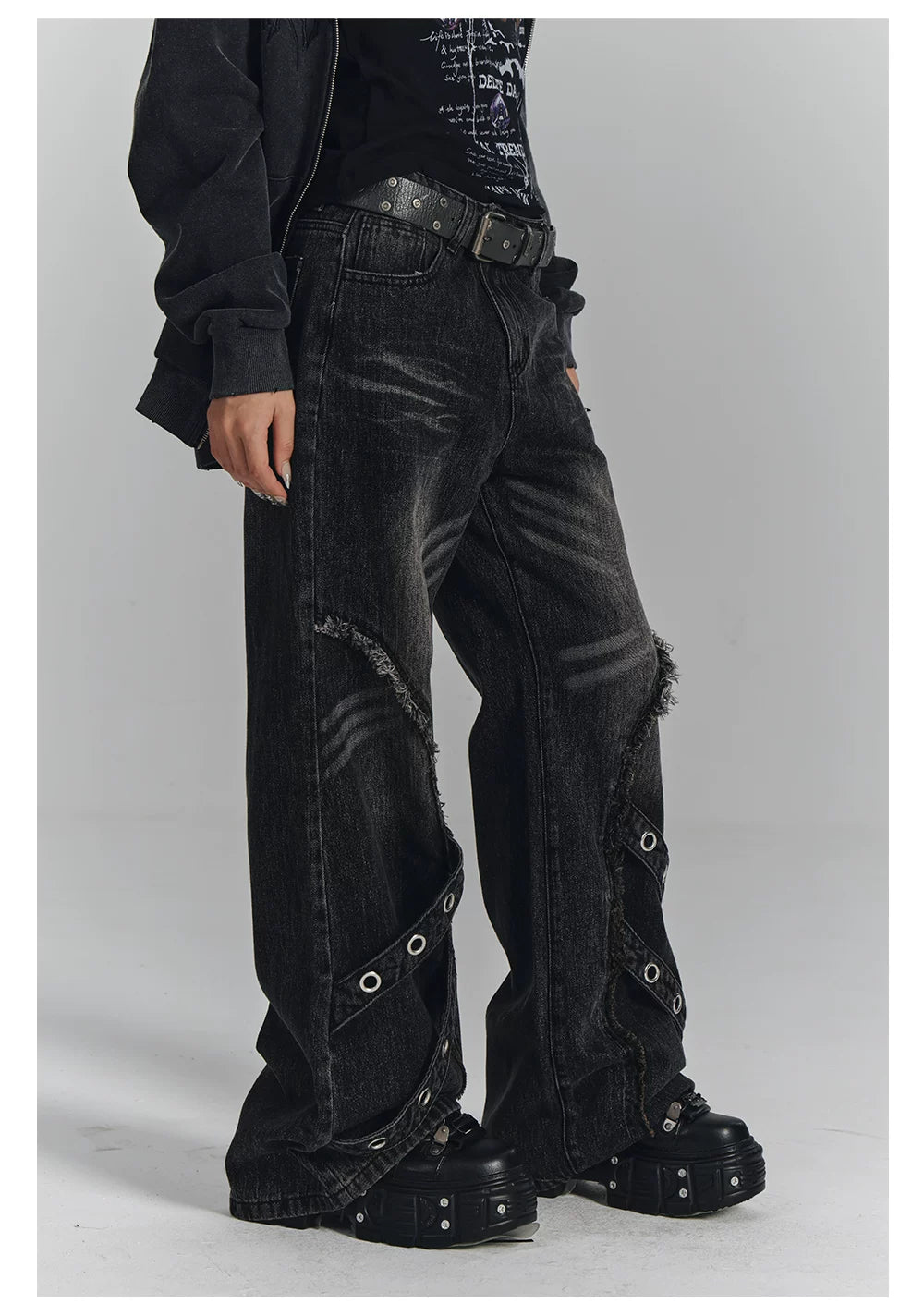 Washed Frayed Wide-Leg Straight Denim Jeans